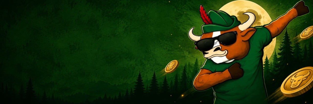MUMU posing in a moonlit green forest with floating gold coins